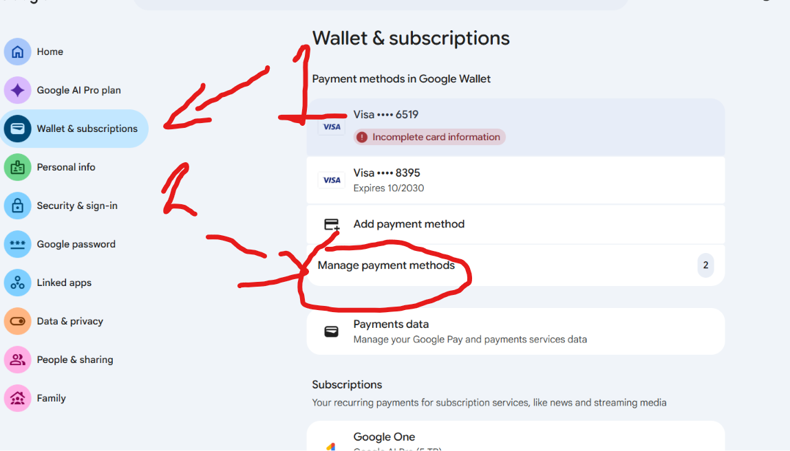 Step 1: Wallet & Subscriptions - Manage payment methods