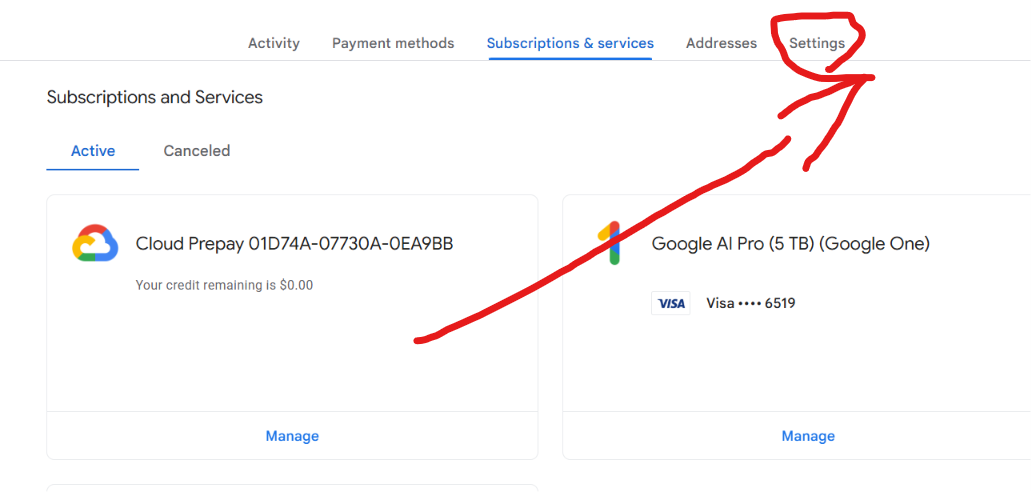 Step 3: Google payments center - Settings Tab